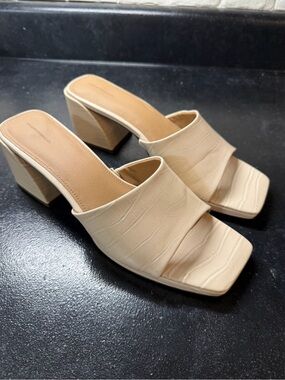 Beige Croc-Embossed Block Heel Mules